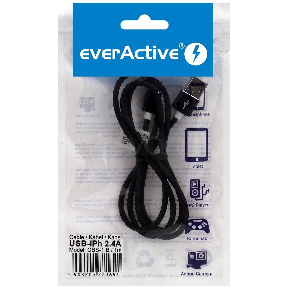 everActive kabelis USB Lightning 1m - Juodas, silikonas, greitas įkrovimas, 2,4A - CBS-1IB