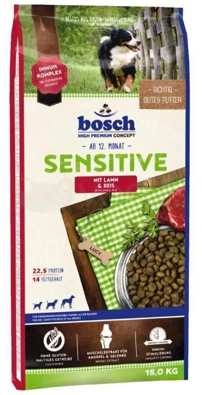 Bosch Petfood bosch Dog Adult SENSITIVE ėriena & RICE – pašaras šunims su ėriena ir ryžiais, kurių jautri virškinimo sistema 15kg