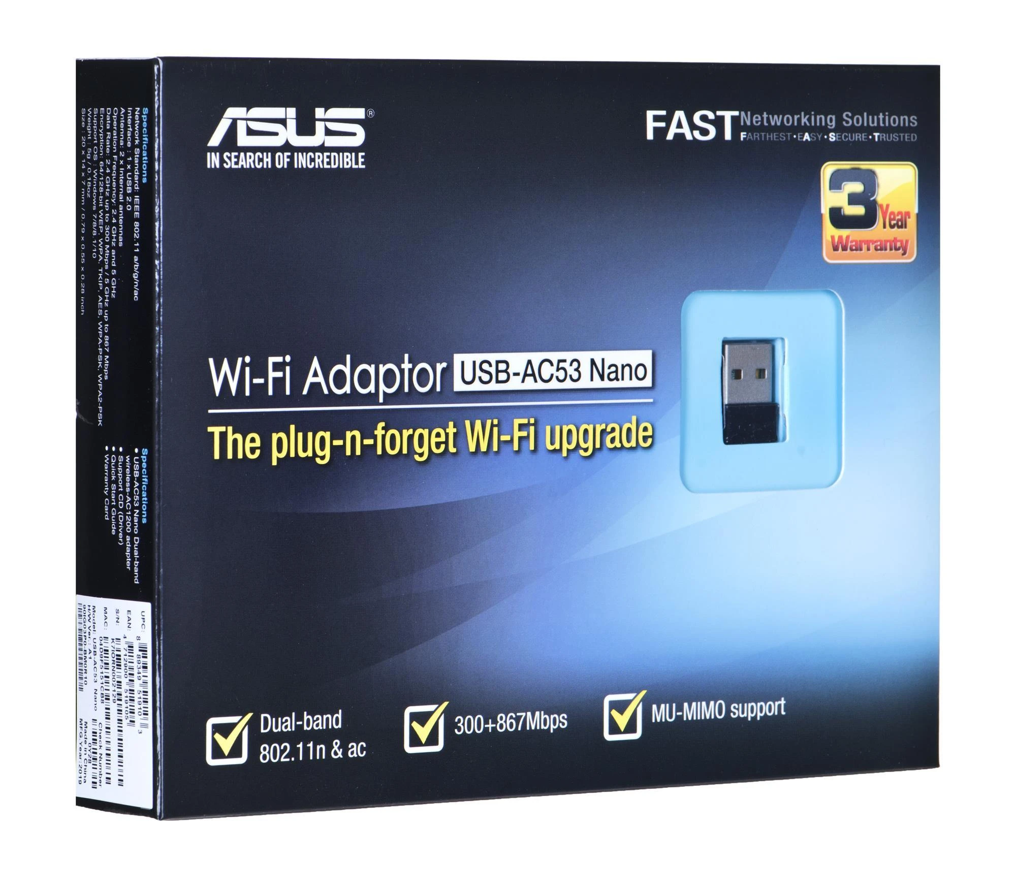 Asus | USB-AC53 NANO AC1200 dviejų dažnių USB MU-MIMO „Wi-Fi“ adapteris | 2,4 GHz / 5 GHz | 36 min.