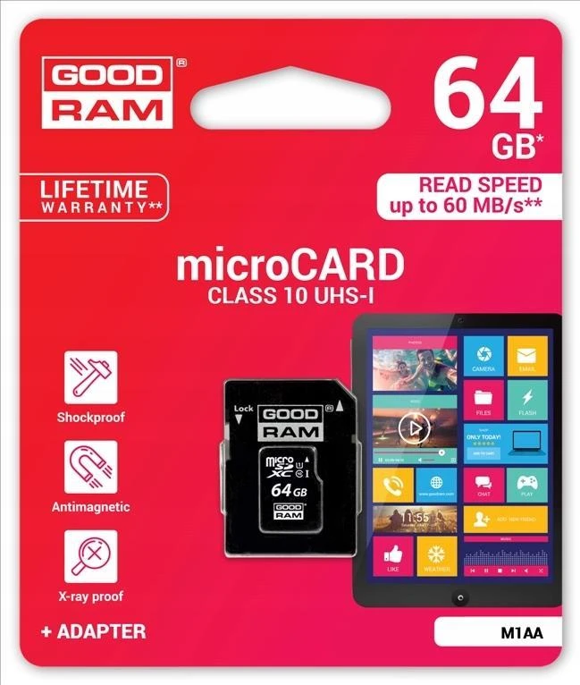 GoodRam Atminties kortelė Micro SDHC class 10 UHS I 64GB + adapteris