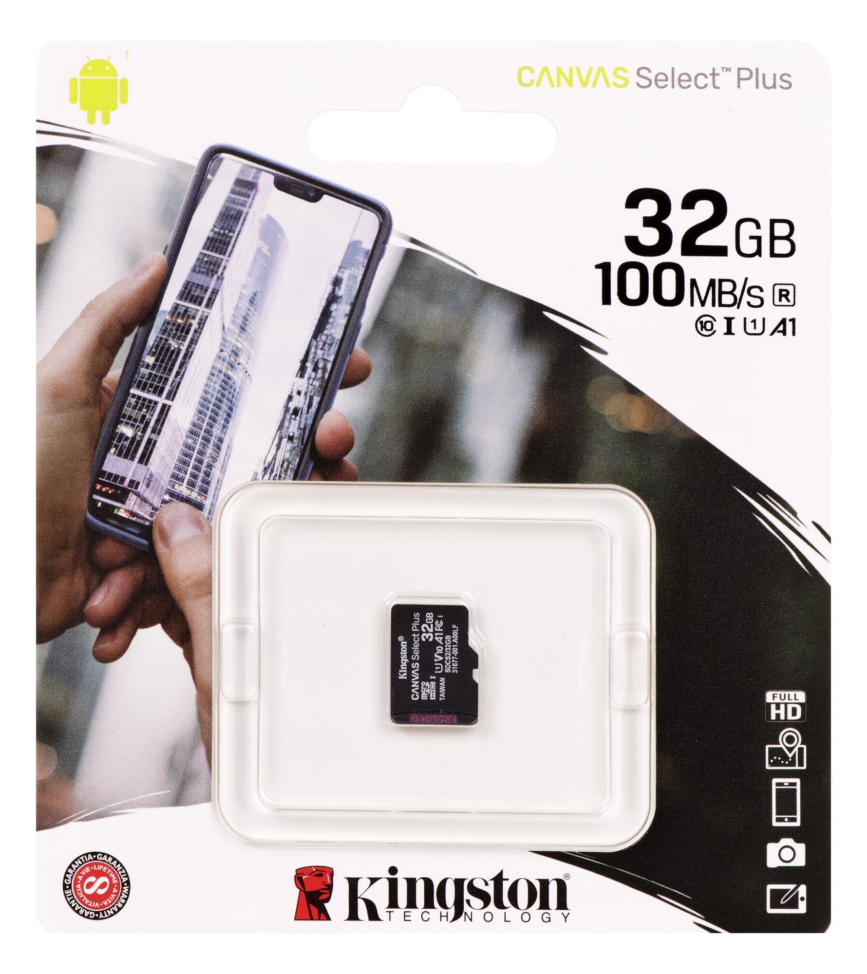 Atminties kortelė Kingston Canvas Select Plus UHS-I 32 GB Micro SDHC Flash atminties klasė 10 SD Adapteris