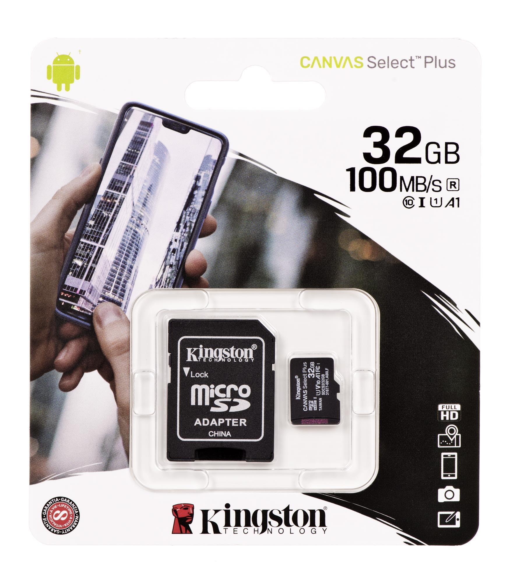 Atminties kortelė Kingston Canvas Select Plus UHS-I 32 GB Micro SDHC Flash atminties klasė 10 SD Adapteris
