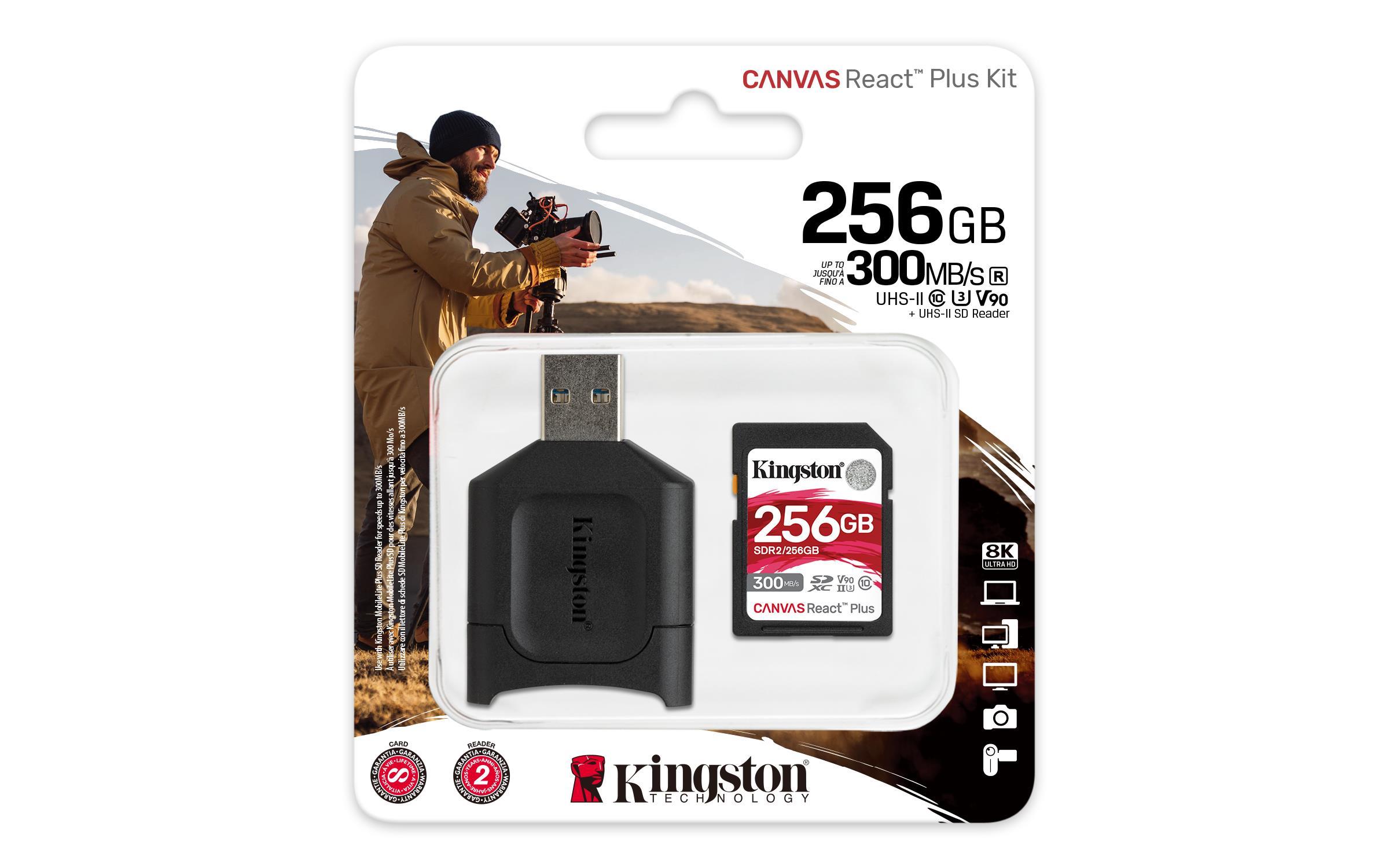 Atminties kortelė Karta Kingston Canvas React Plus SDXC 256 GB 10 klasės UHS-II/U3 V90 (MLPR2/256GB)