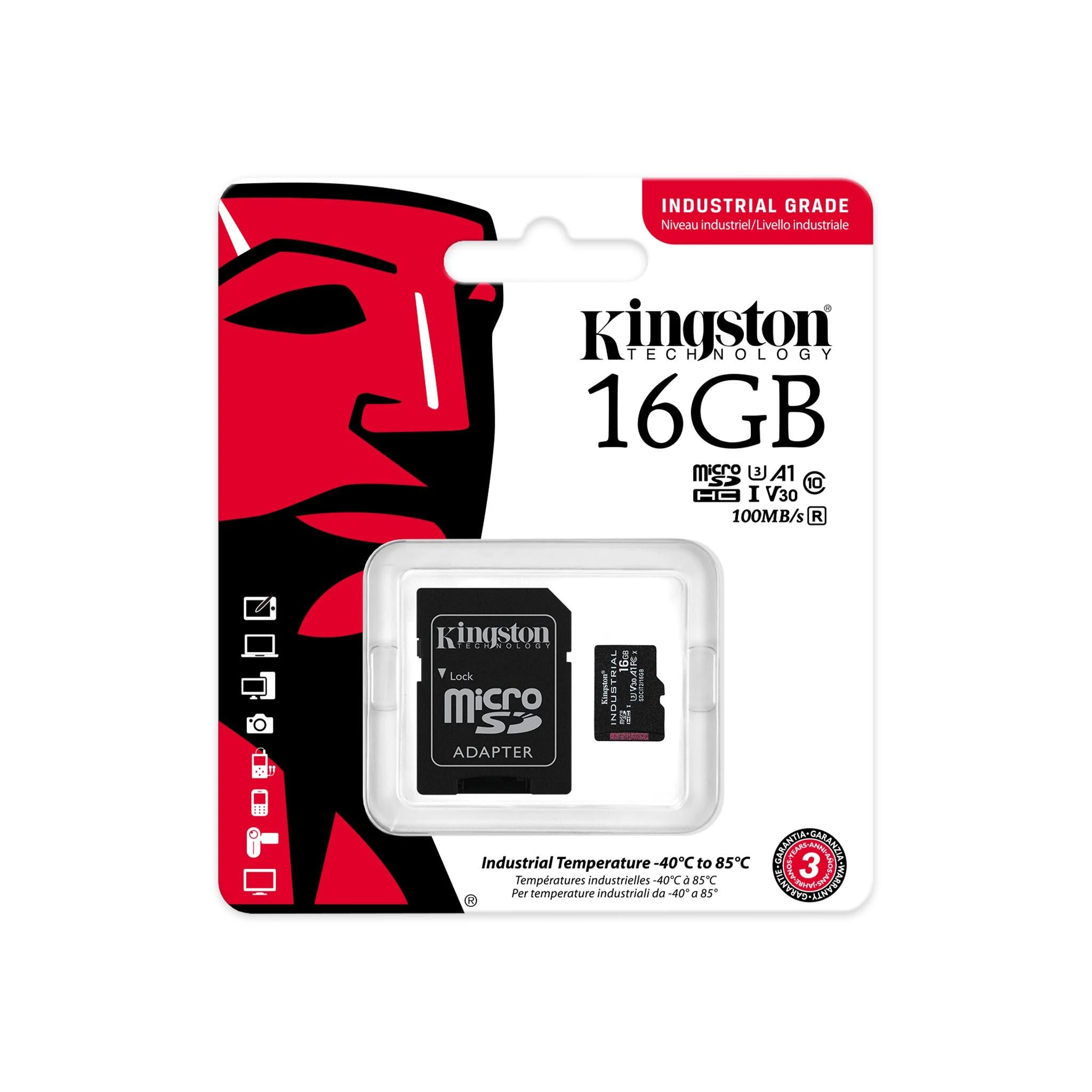 Atminties kortelė Kingston | UHS-I | 16 GB | Micro SDHC/SDXC Industrial Card | Flash atminties klasė Class 10, UHS-I, U3, V30, A1 | SD Adapteris