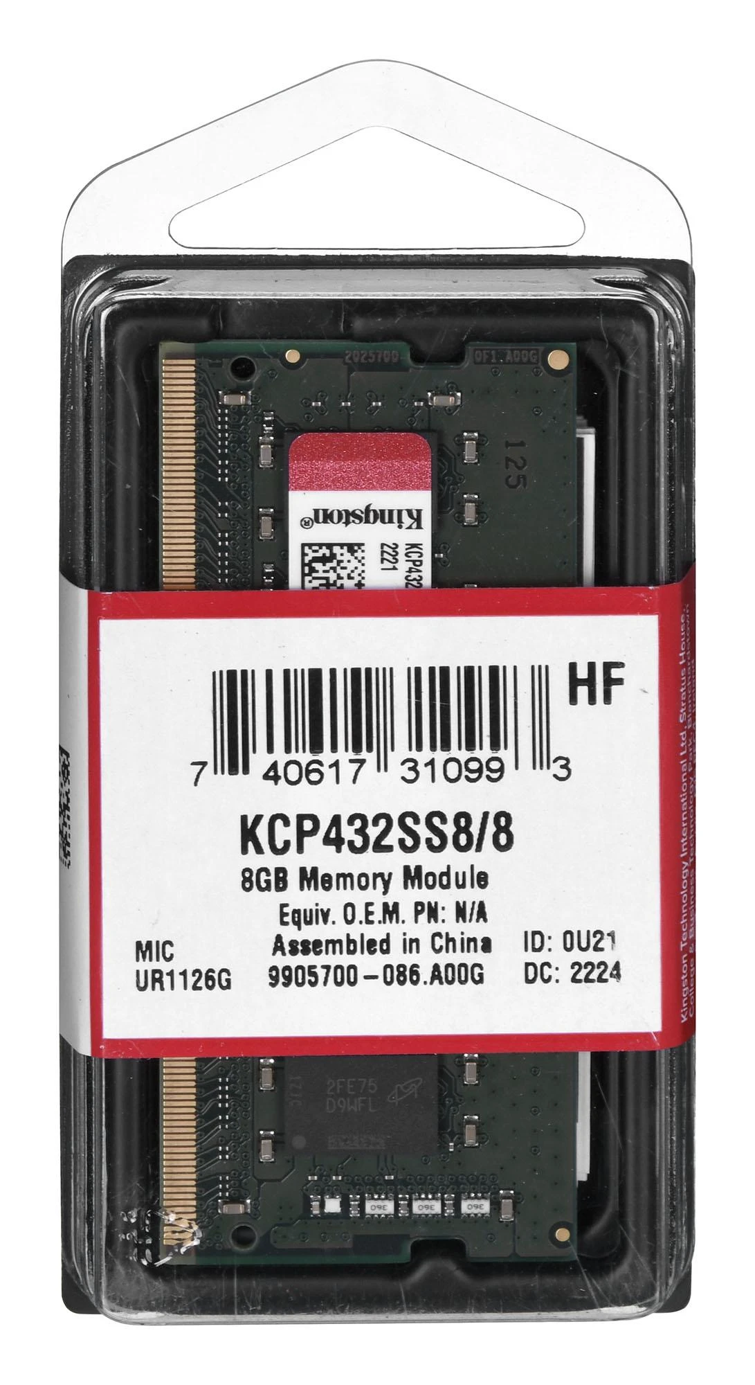 Nešiojamo kompiuterio atmintis Kingston Technology KCP432SS8/8 atminties modulis 8 GB 1 x 8 GB DDR4 3200 MHz