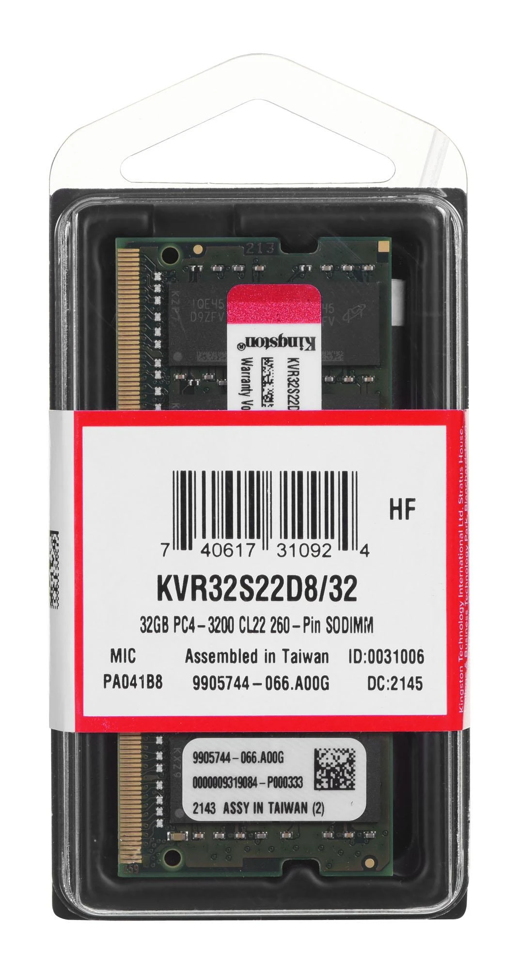 Nešiojamo kompiuterio atmintis Kingstonas | KVR32S22D8/32 | 32 GB | DDR4 | 3200 MHz | Užrašų knygelė | Registracijos Nr. | ECC Nr