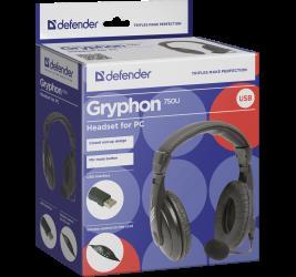 Kompiuterinės ausinės su mikrofonu Defender Gryphon 750U, USB jungtis, Juodos