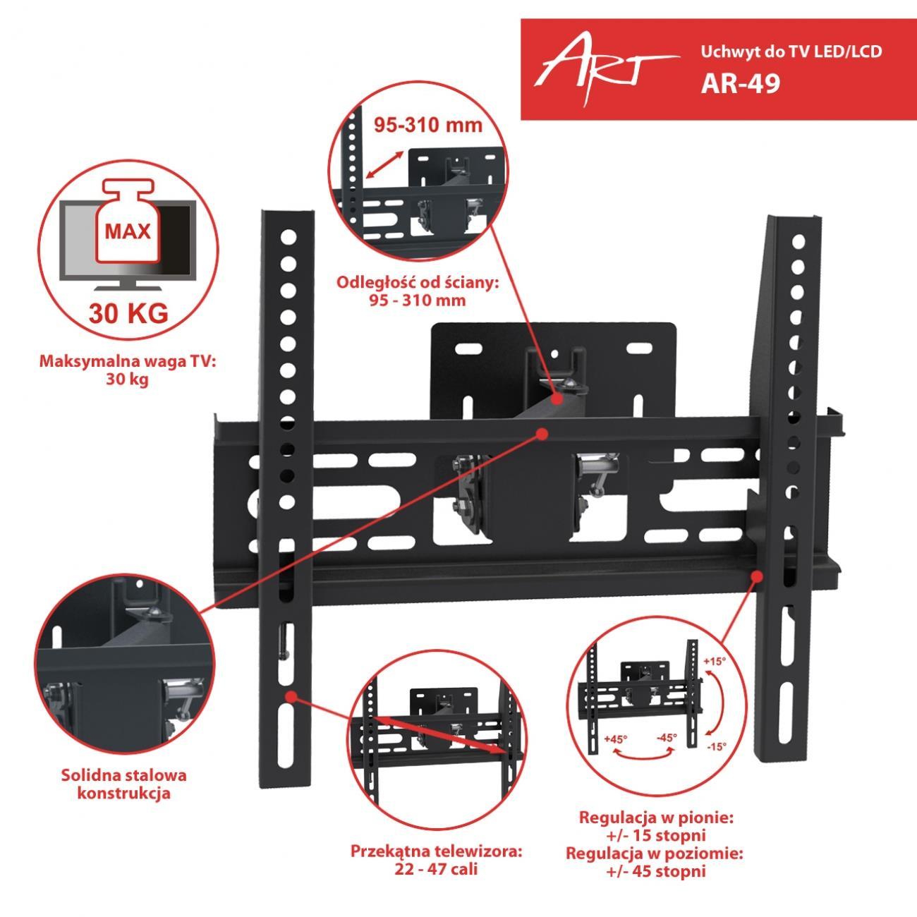 ART RAMT AR-49 Laikiklis AR-49 22-47 LCD/LED juodas 30KG vertikalus ir lygio reguliavimas