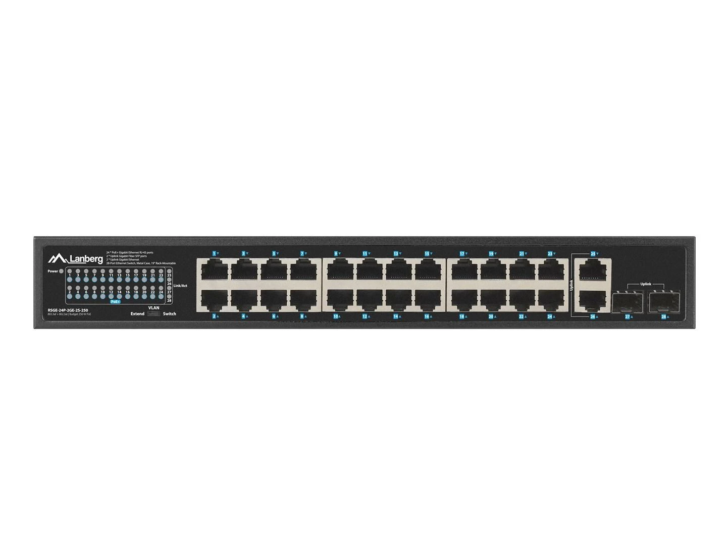Šakotuvas LANBERG jungiklis PoE+ 19 colių 24x 1GB 2x SFP 250W RSGE-24P-2GE-2S-250 nevaldomas
