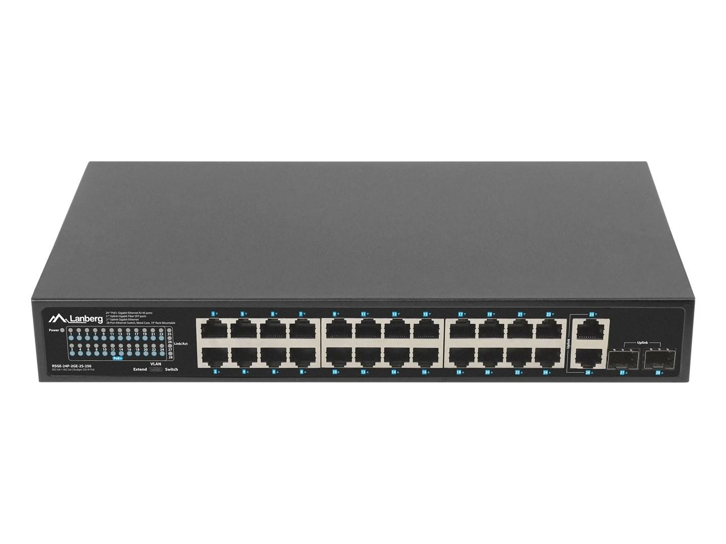 Šakotuvas LANBERG jungiklis PoE+ 19 colių 24x 1GB 2x SFP 250W RSGE-24P-2GE-2S-250 nevaldomas