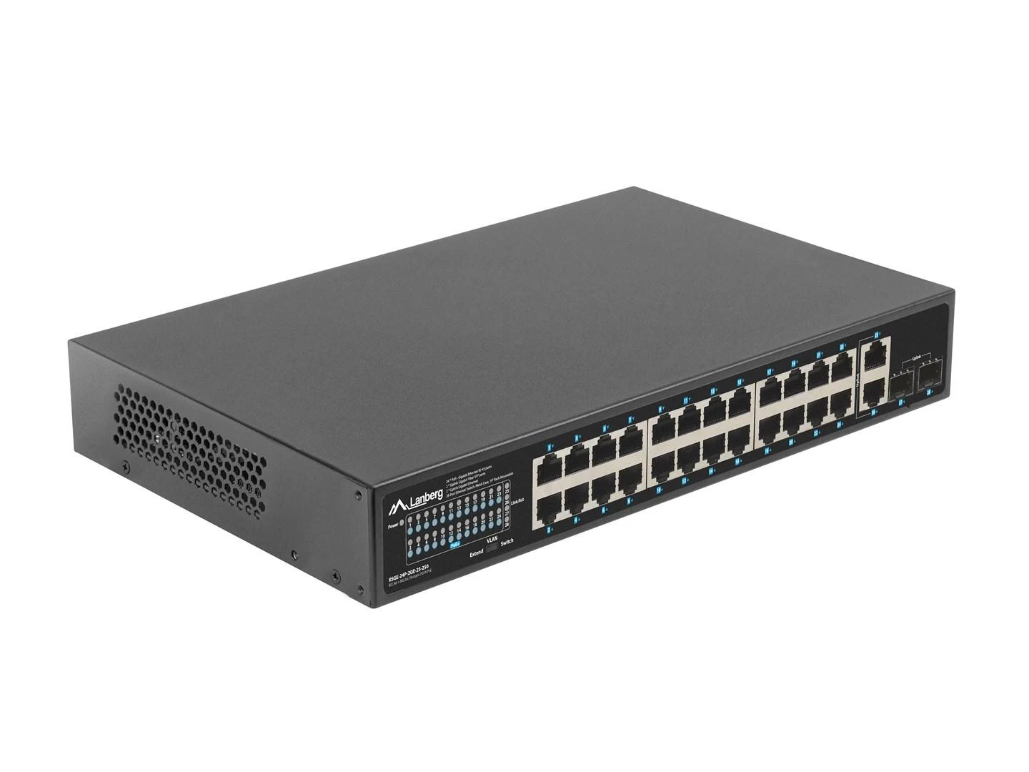 Šakotuvas LANBERG jungiklis PoE+ 19 colių 24x 1GB 2x SFP 250W RSGE-24P-2GE-2S-250 nevaldomas