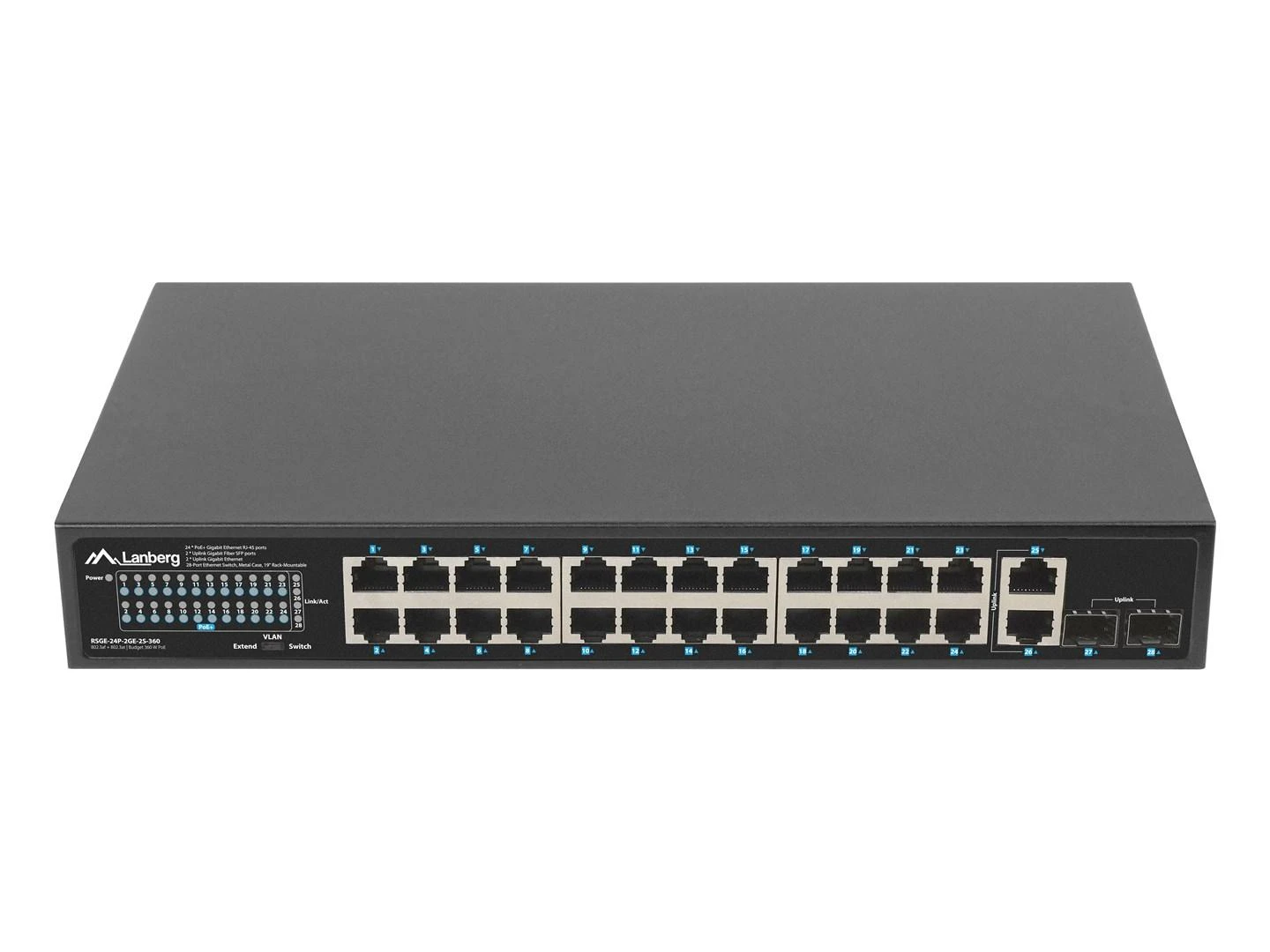 Šakotuvas LANBERG jungiklis PoE+ 19 colių 24x 1GB POE+ 2x GB 2x SFP 360W RSGE-24P-2GE-2S-360 nevaldomas