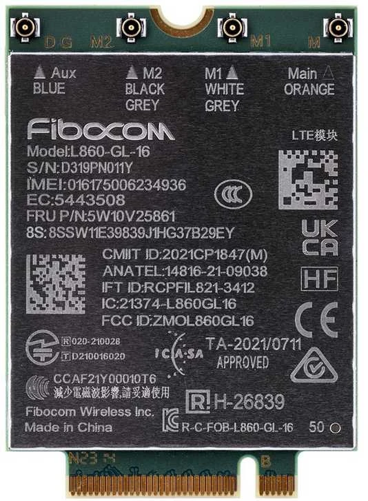 Šakotuvas LENOVO FIBOCOM L860-GL XMM756 (CAT16) 4G LTE-A M.2 CARD (L G3/T14S G3/X13 G3/T15P G3/P15V G3/P16 G1)