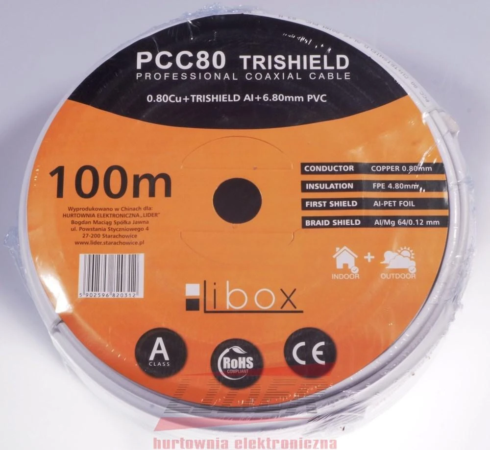 Libox Kabelis koncentryczny PCC80 100m koaksialinis kabelis RG-6/U Baltas