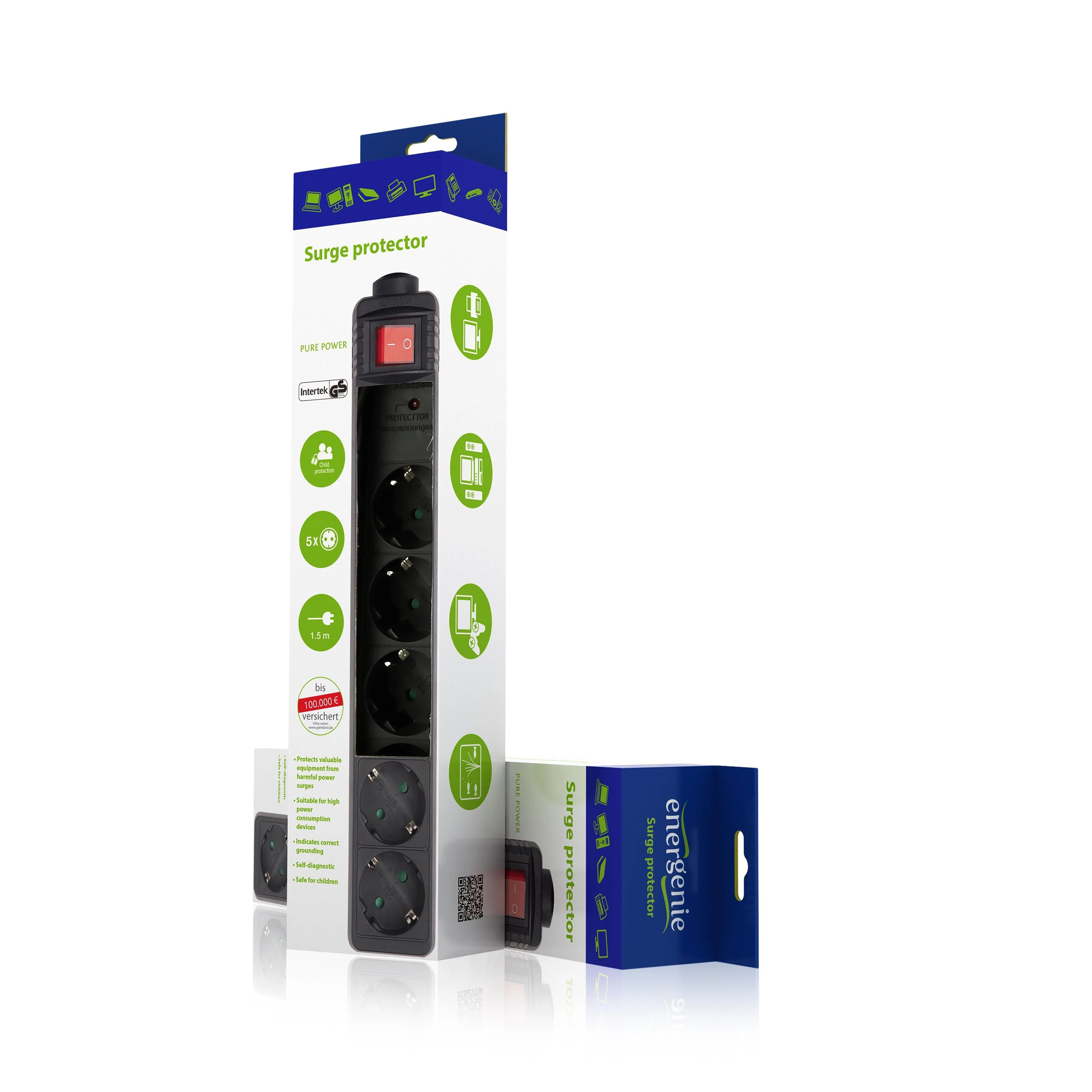 Gembird EnerGenie | Surge Protector SPG5-C-10/ 3 m/ 5 Sockets/ Juodas