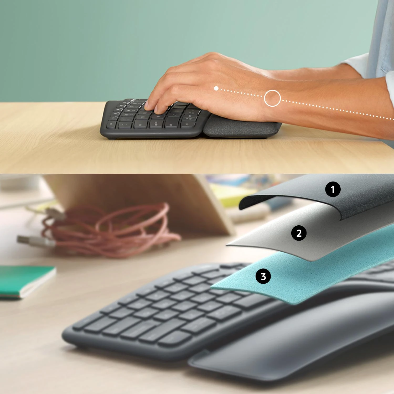 Logitech ERGO K860 belaidė klaviatūra, grafito spalvos, JAV tarptautinis išdėstymas (Qwerty)