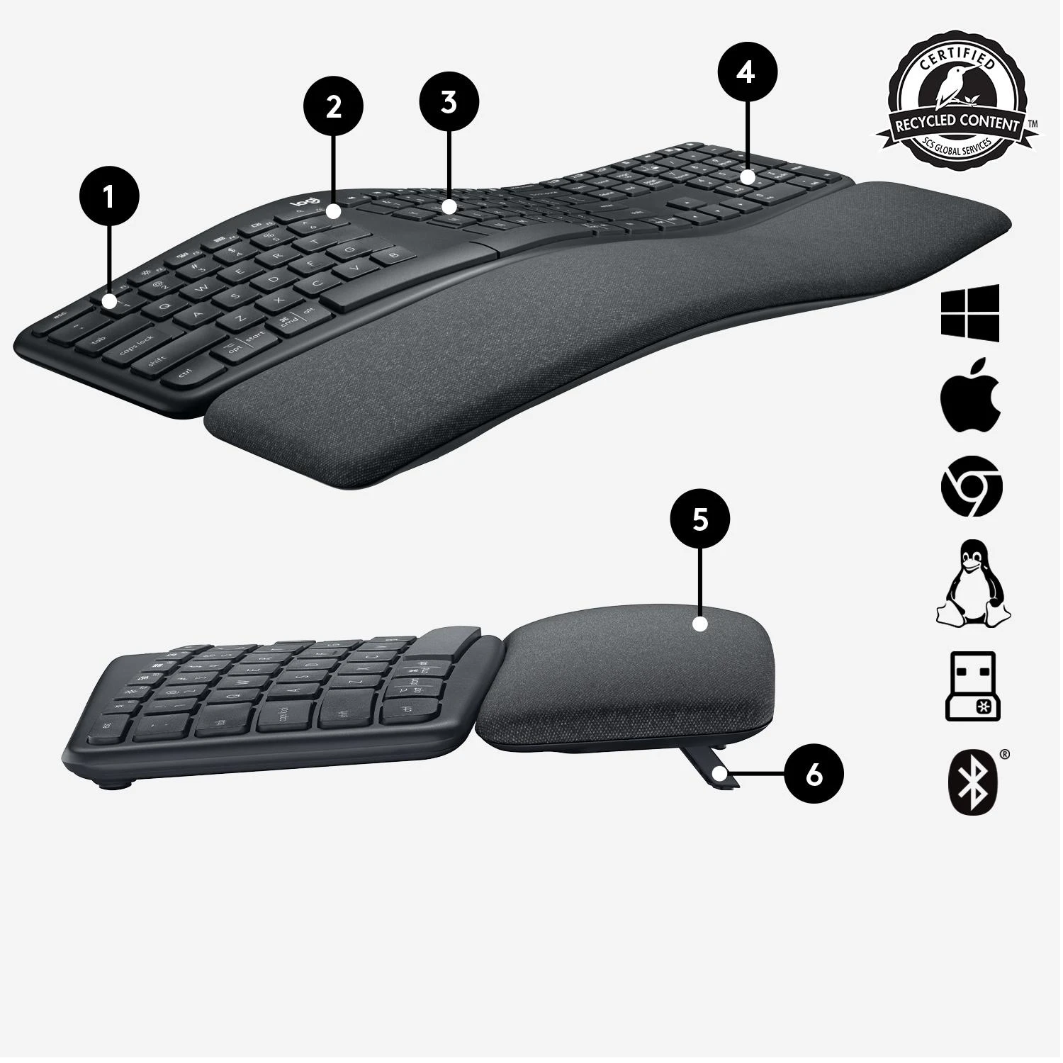 Logitech ERGO K860 belaidė klaviatūra, grafito spalvos, JAV tarptautinis išdėstymas (Qwerty)