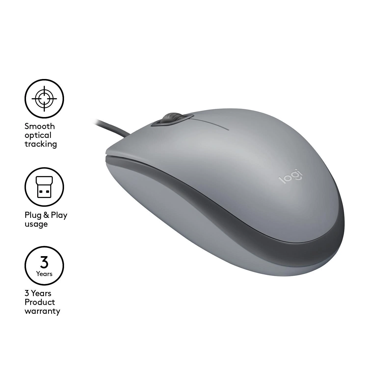 Tyli pelė su laidu Logitech M110, Pilka