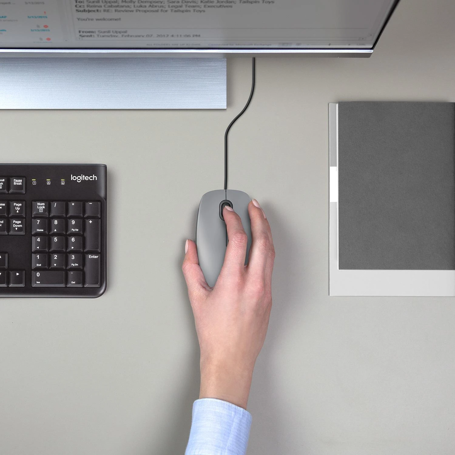 Tyli pelė su laidu Logitech M110, Pilka