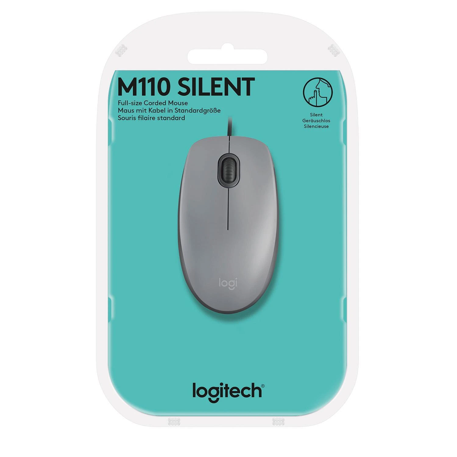 Tyli pelė su laidu Logitech M110, Pilka