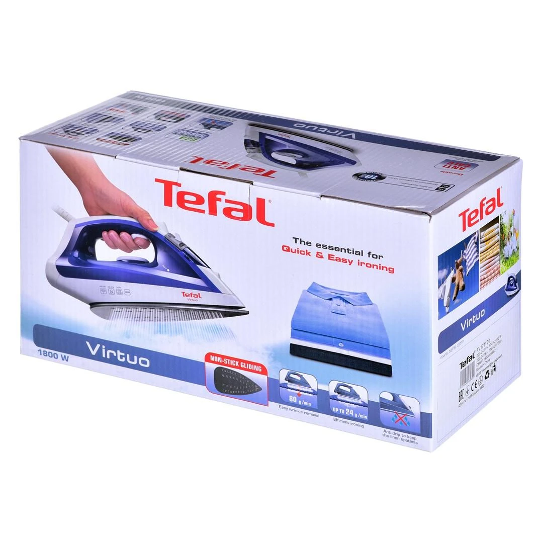 TEFAL | Garų lygintuvas | FV1711 Virtuo | Garų lygintuvas | Continuous steam 24 g/min | Steam boost performance 80 g/min | Mėlyna