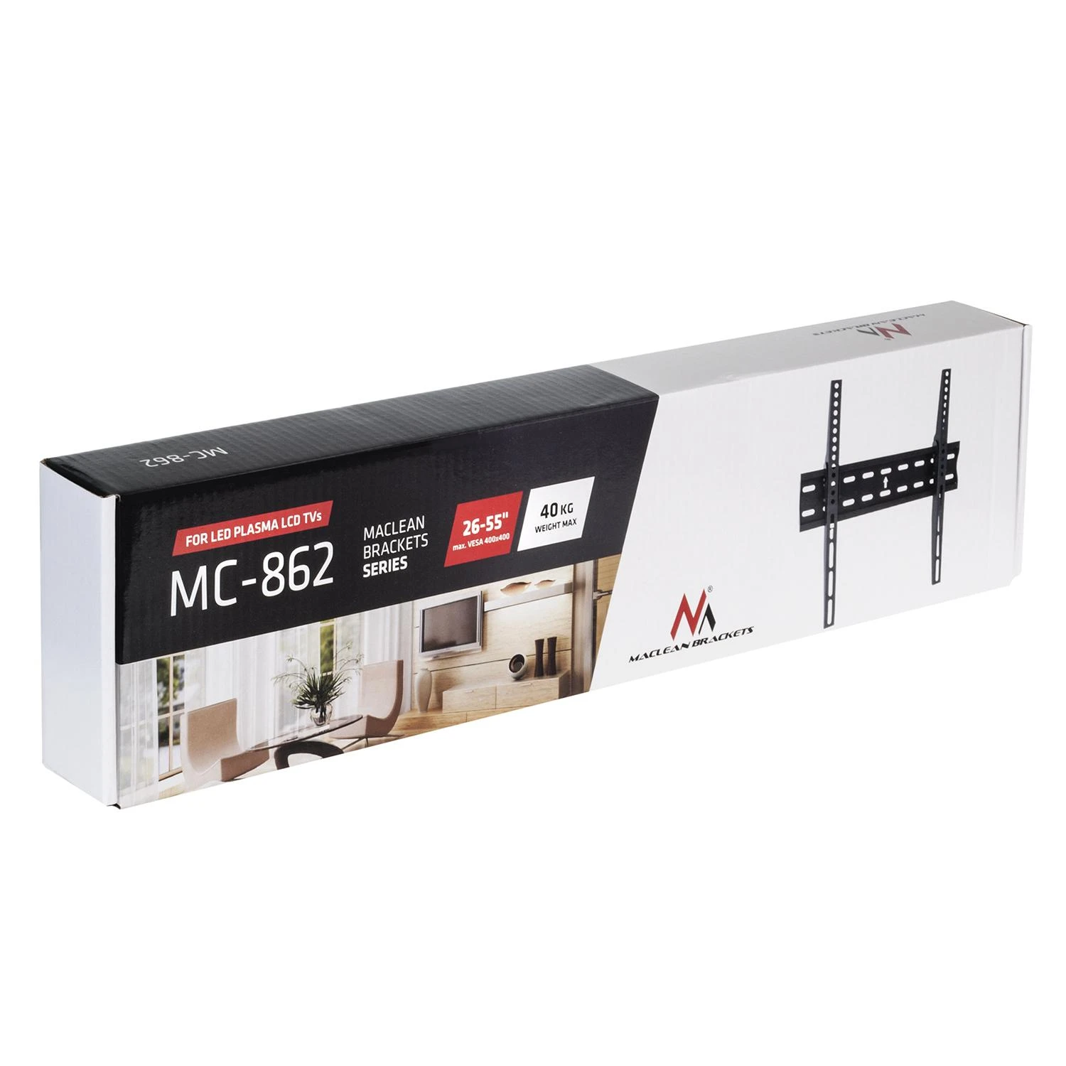 „MACLEAN BRACKETS MC-862“ originalus ypač tvirtas, reguliuojamas, lengvai montuojamas televizoriaus laikiklis, 26–55 colių, 40 kg, universalus, juodas, max. 400 x 400 cm.