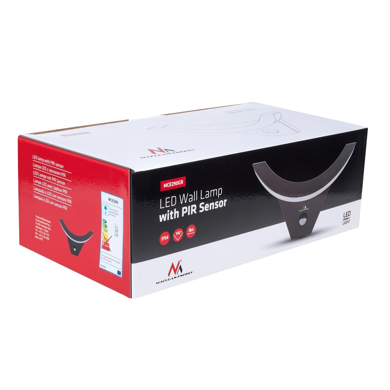 Lubinis šviestuvas MACLEAN MCE290GR LED lempa su infraraudonųjų spindulių judesio jutikliu 800lm 10W IP54 pilka