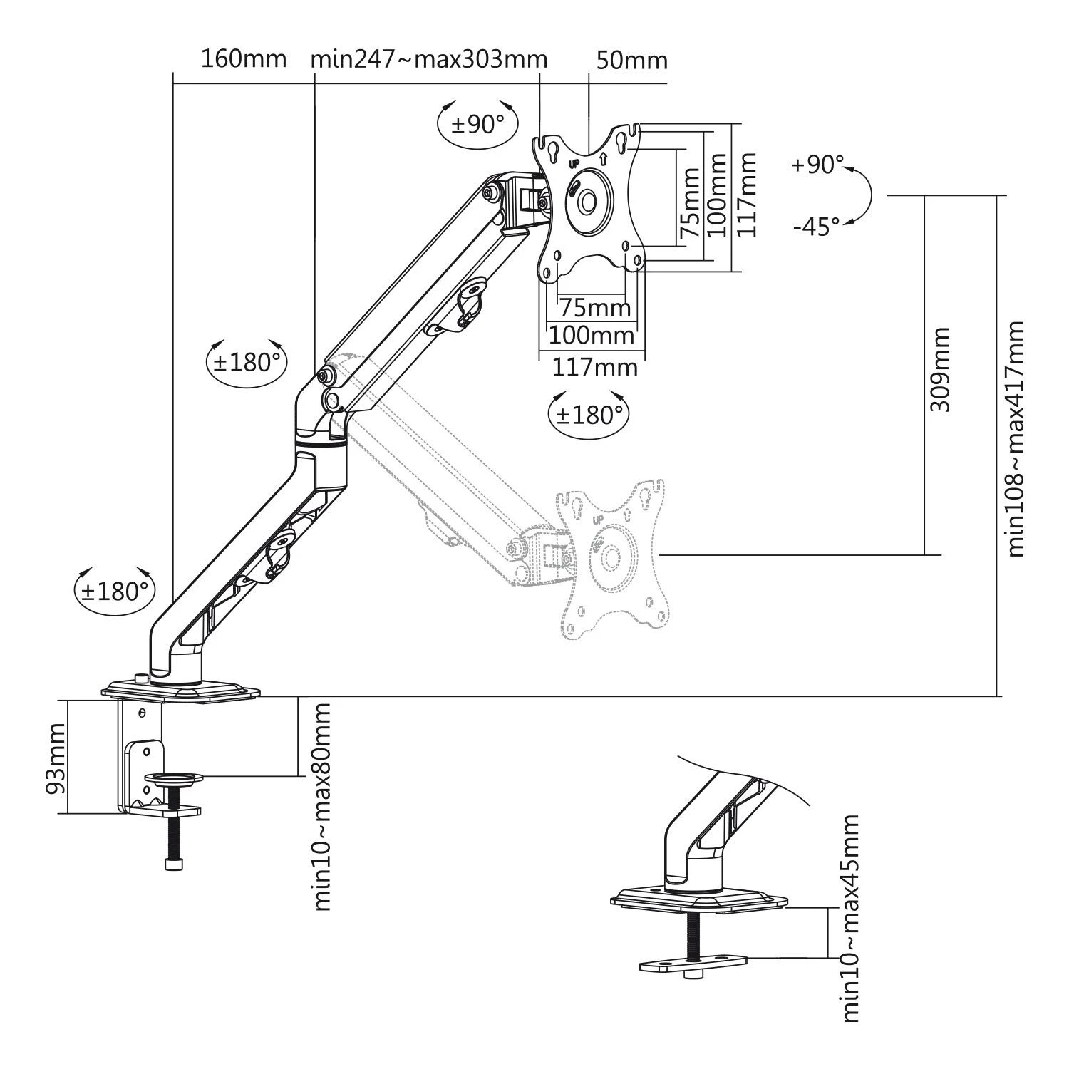 Maclean universalus monitoriaus stalo laikiklis, dujinė spyruoklė 17 "-35" 8kg, VESA 75x75,100x100, MC-906