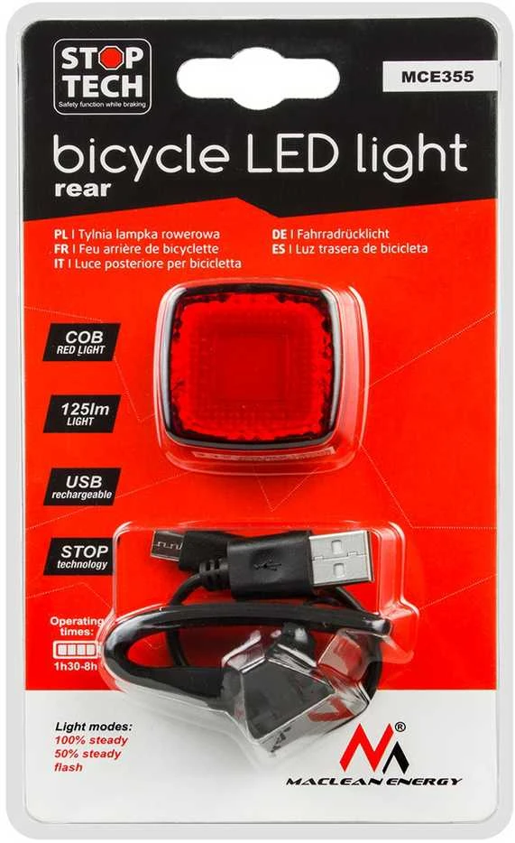 Lampka „Maclean“ LED galinis dviračio žibintas, prieblandos jutiklis, USB automatinis išsijungimas COB, maks. 125 lm, 450 mAh baterija, MCE355
