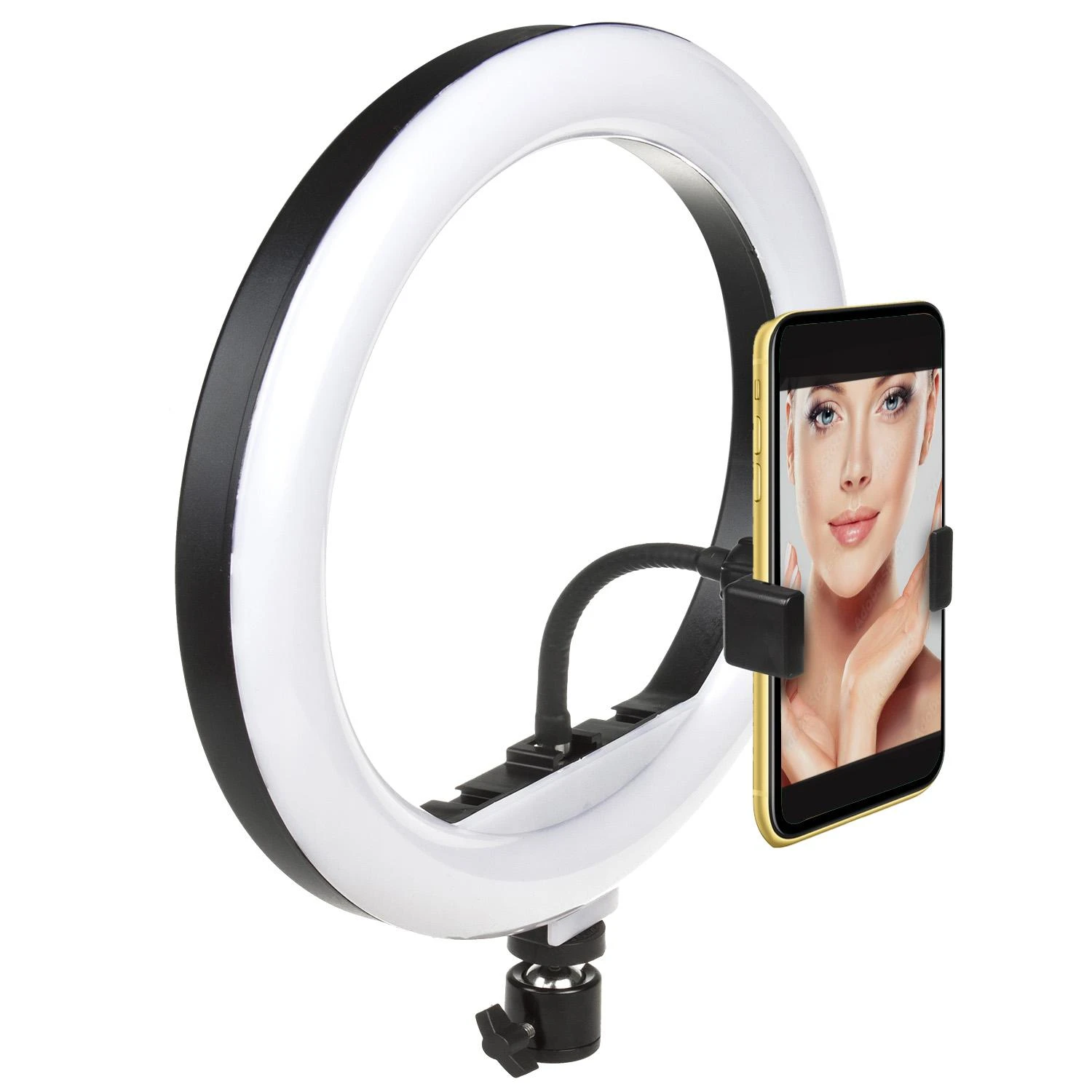 „Maclean MCE610“ 10 colių 12 W LED žiedinis šviestuvas su trikoju ir „Bluetooth“ užraktu. 3 spalvos, 10 ryškumo lygių, nuo 10 % iki 100 %, reguliuojamas ryškumas, 160 LED. Išmanusis telefonas, laikiklis, apšvietimas.