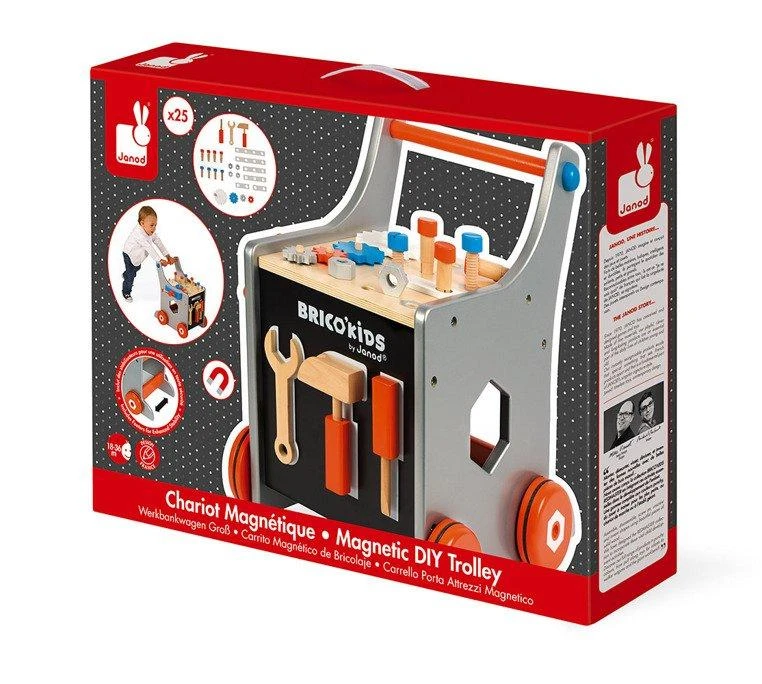JANOD medinis magnetinis stumdukas-veiklos centras BRICO KIDS DIY TROLLEY