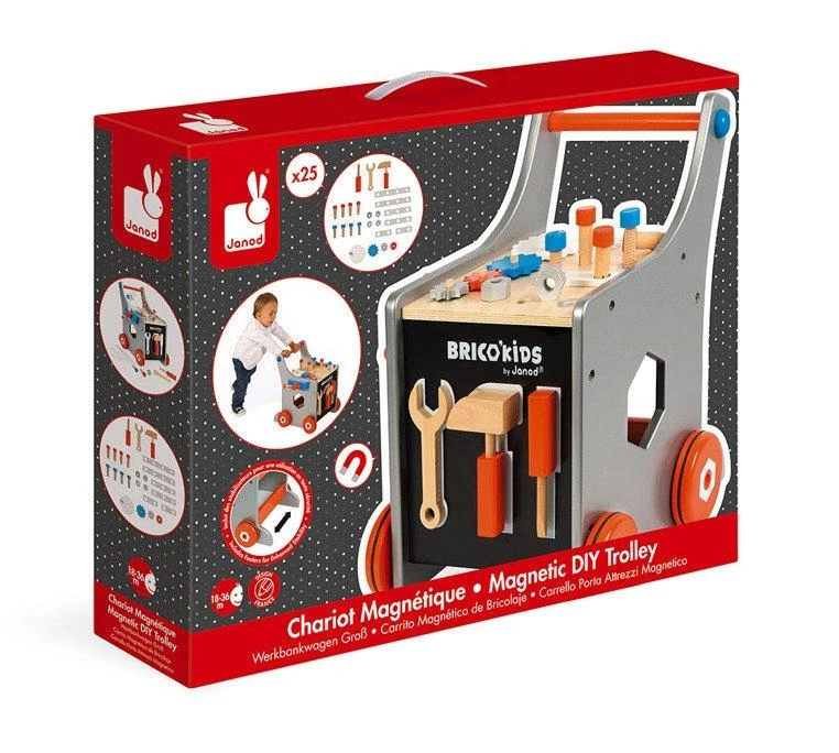 JANOD medinis magnetinis stumdukas-veiklos centras BRICO KIDS DIY TROLLEY