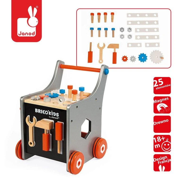 JANOD medinis magnetinis stumdukas-veiklos centras BRICO KIDS DIY TROLLEY