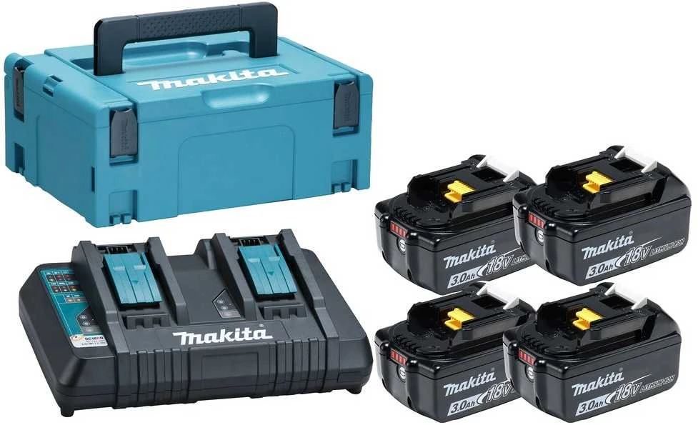 Makita 18V įkrovimo rinkinys su keturiomis baterijomis ir dėže