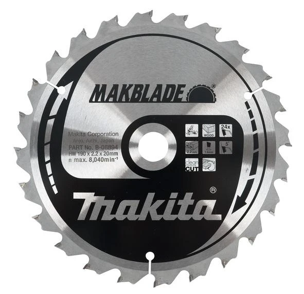 Makita T.C.T. pjūklas MAKBLADE 190X2.2X20mm 5° T24 B-08894 T.C.T • 190 x20 mm • T24 • 5° • Medienai