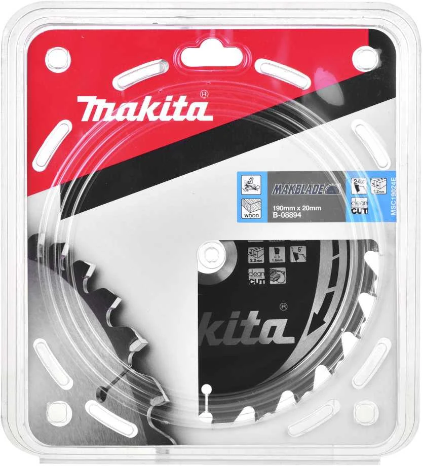 Makita T.C.T. pjūklas MAKBLADE 190X2.2X20mm 5° T24 B-08894 T.C.T • 190 x20 mm • T24 • 5° • Medienai