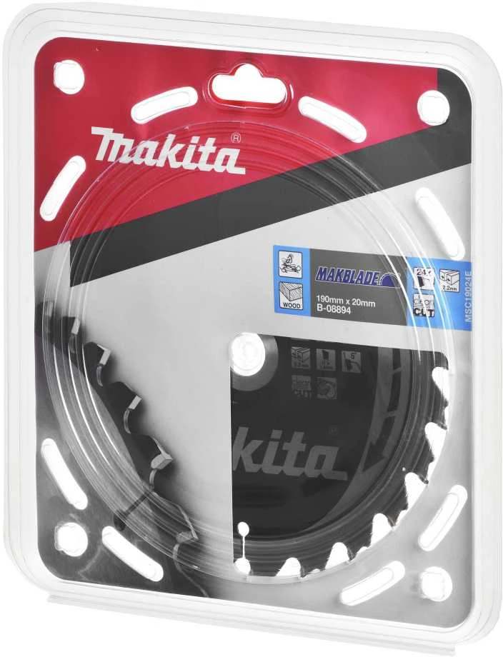 Makita T.C.T. pjūklas MAKBLADE 190X2.2X20mm 5° T24 B-08894 T.C.T • 190 x20 mm • T24 • 5° • Medienai