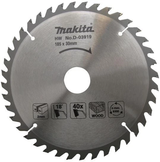 Makita T.C.T. pjūklas 185X2X30mm 18° T40 D-03919 T.C.T • 185 x30 mm • T40 • 18° • Medienai