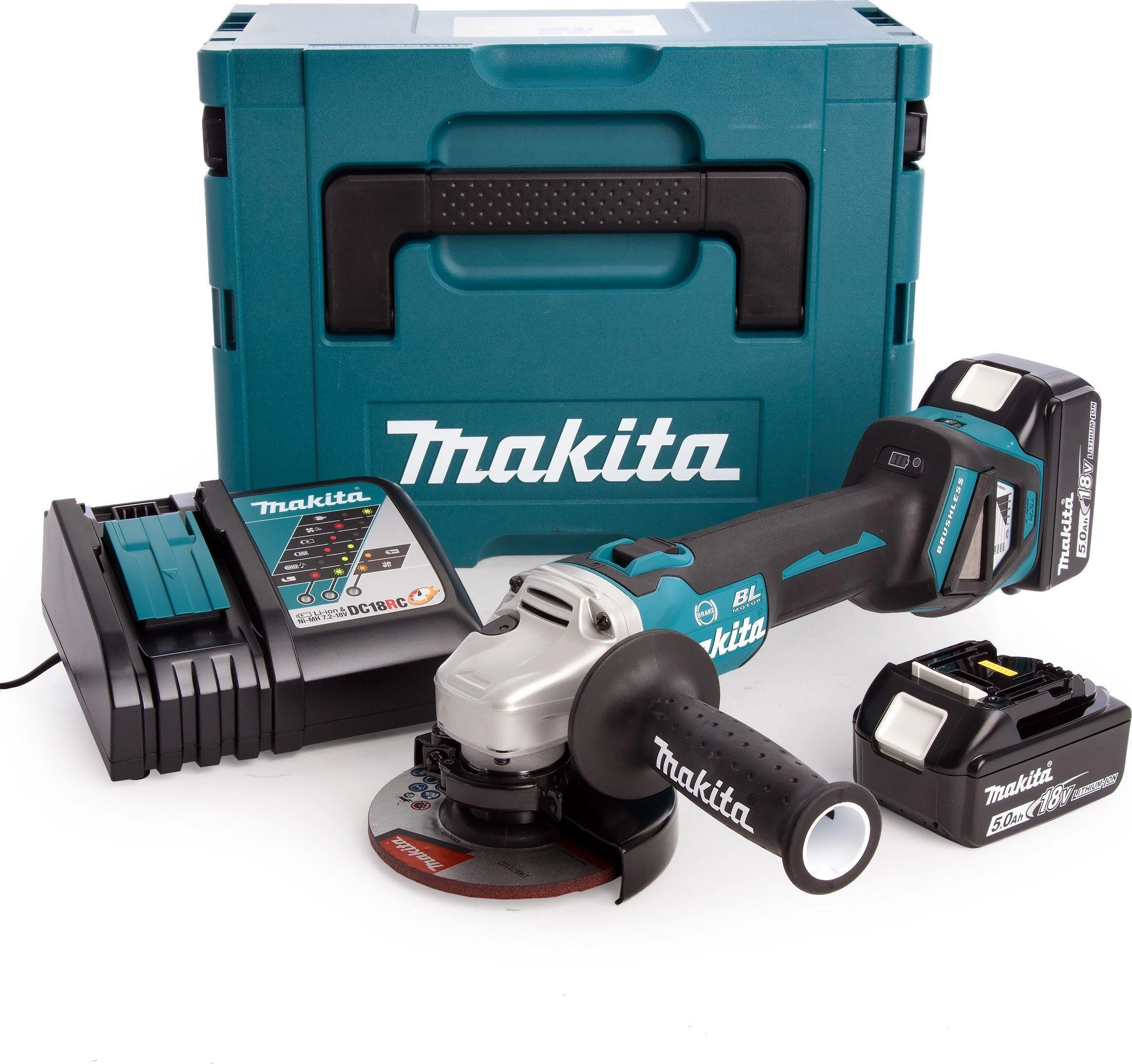MAKITA KAMPINIS ŠLIFULĖLIS 18V‐125mm 3 x 5.0Ah LI-ION BEŠEPEČIŲ DĖKLAS MAKPAC DGA504RT3J