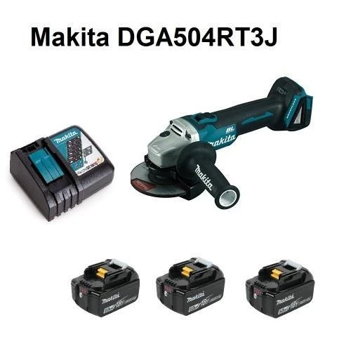Makita DGA504RT3J komplektas su įkrovikliu ir 3 akumuliatoriais
