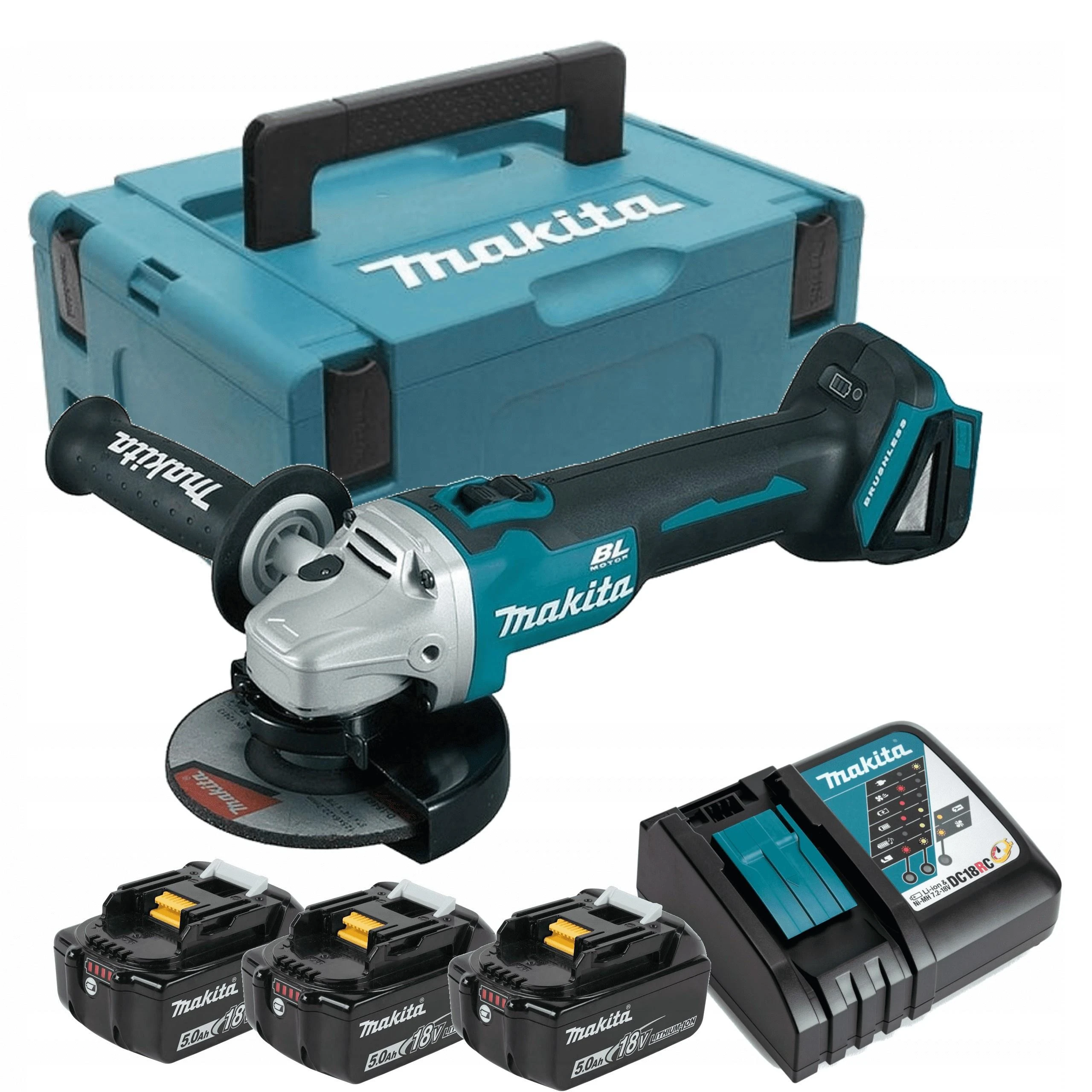 MAKITA KAMPINIS ŠLIFULĖLIS 18V‐125mm 3 x 5.0Ah LI-ION BEŠEPEČIŲ DĖKLAS MAKPAC DGA504RT3J