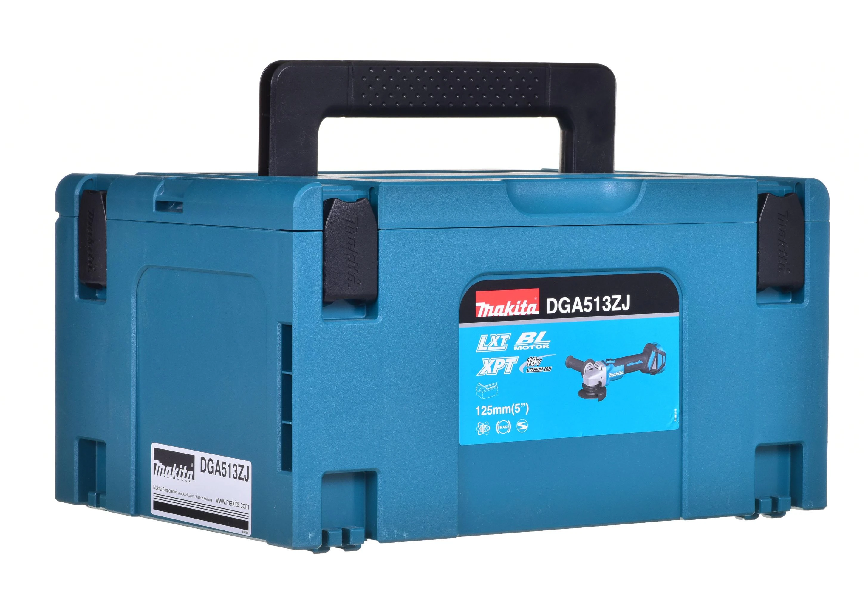 Makita kampinis šlifuoklis DGA513ZJ 18V 125mm be akumuliatoriaus ir kroviklio + lagaminas