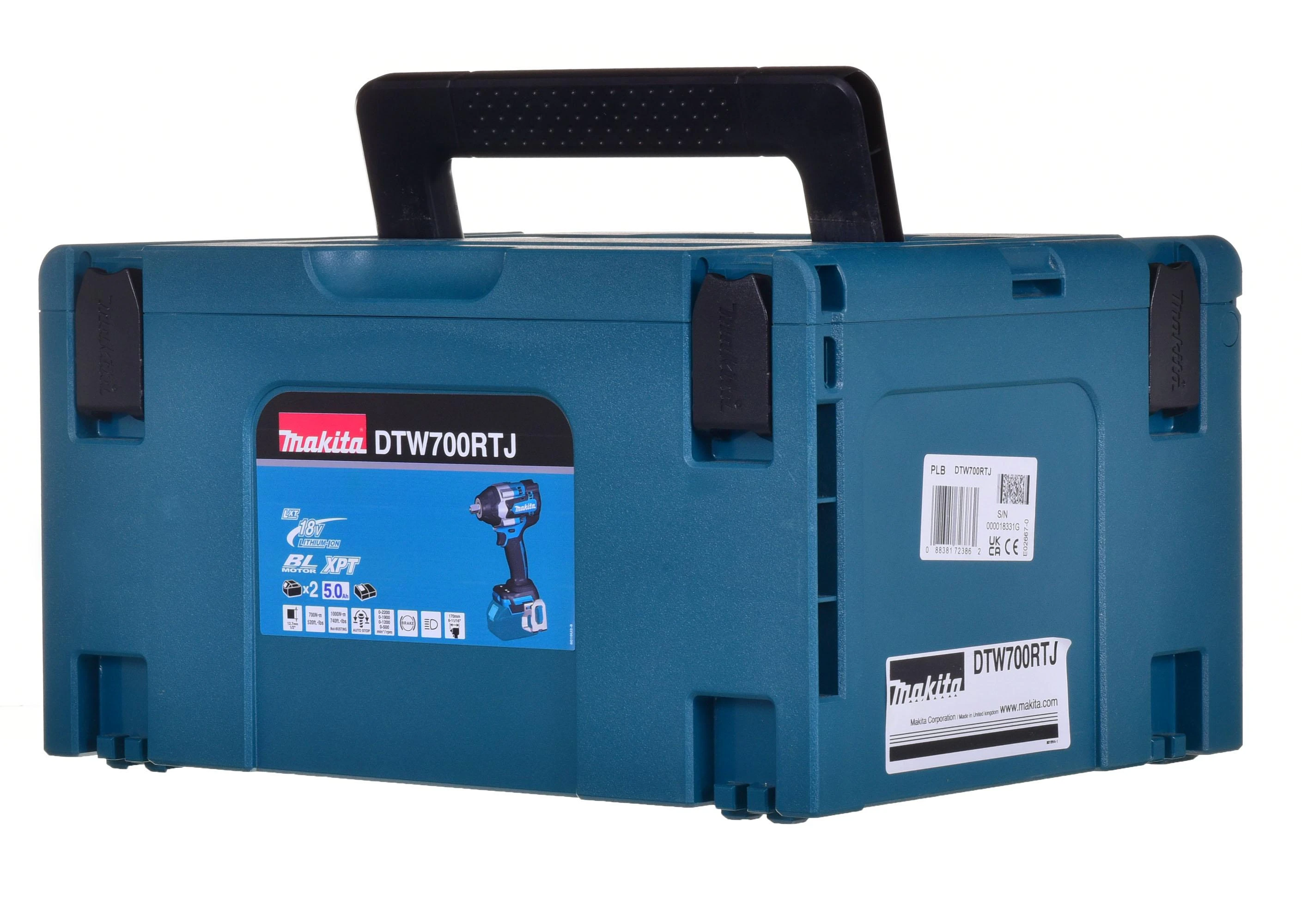 Makita DTW700RTJ Akumuliatorinis smūginis veržliasukis 18V, 2x5,0Ah Li-ion, 700/1000 Nm, 1/2", LED, MAKPACK