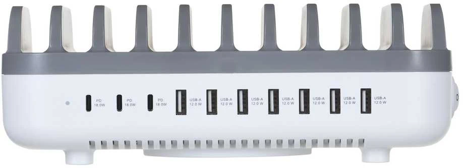 Manhattan įkrovimo stotis, 10x prievadų: 3x USB-C (iki 18W PD) ir 7x USB-A (iki 12W), 120W bendra išvestis, Baltas/Pilkas, Trejų metų garantija, dėžutė