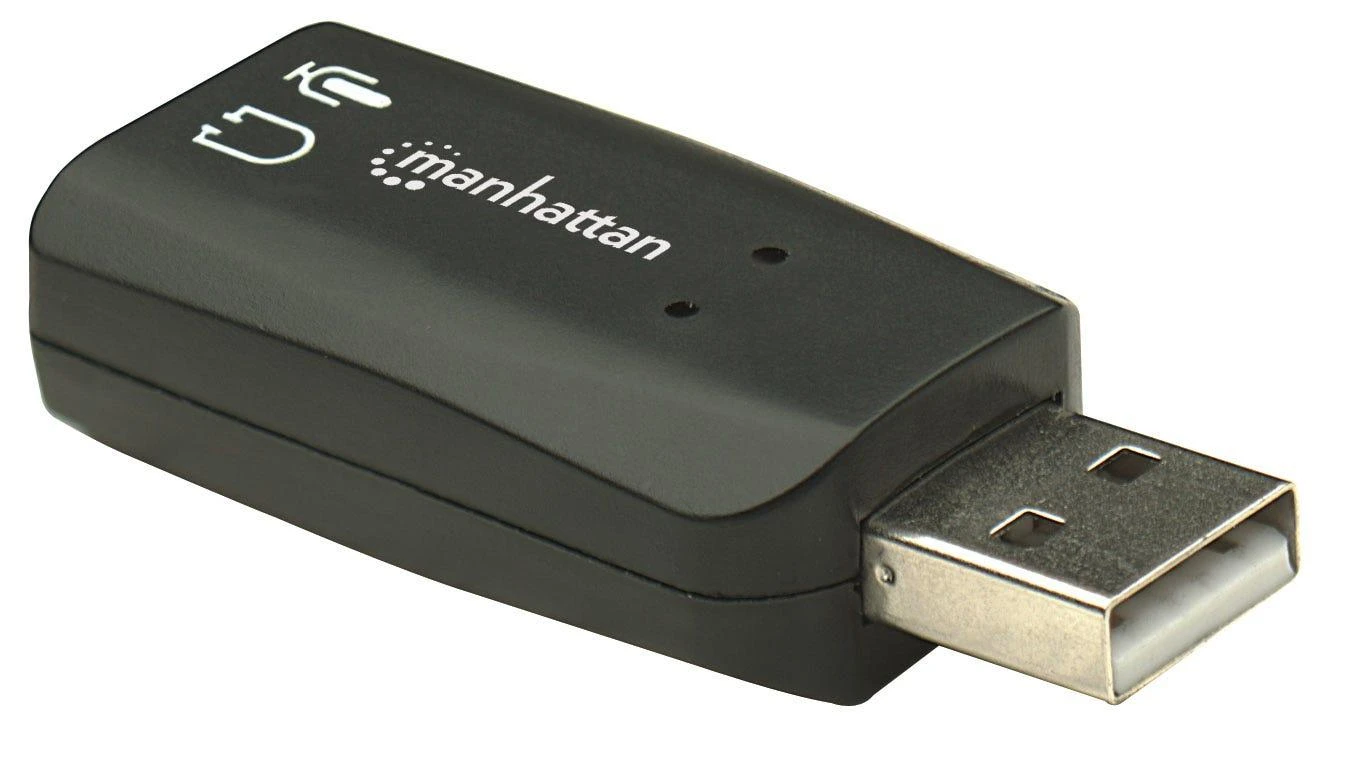 Intracom MANHATTAN Hi-Speed USB 3-D garso adapteris su mikrofono įvesties ir garso išvesties jungtimi per bet kurį USB prievadą 3D ir virtualų 5.1 erdvinį garsą