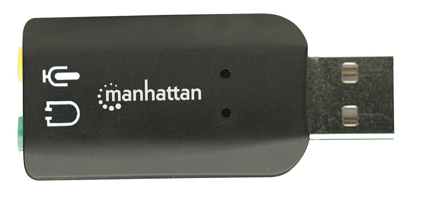 Intracom MANHATTAN Hi-Speed USB 3-D garso adapteris su mikrofono įvesties ir garso išvesties jungtimi per bet kurį USB prievadą 3D ir virtualų 5.1 erdvinį garsą