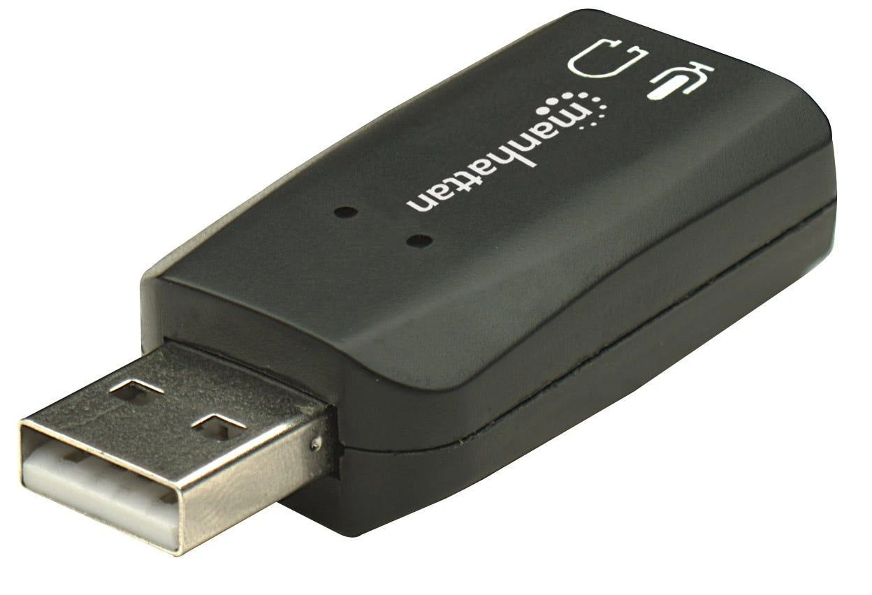 Intracom MANHATTAN Hi-Speed USB 3-D garso adapteris su mikrofono įvesties ir garso išvesties jungtimi per bet kurį USB prievadą 3D ir virtualų 5.1 erdvinį garsą