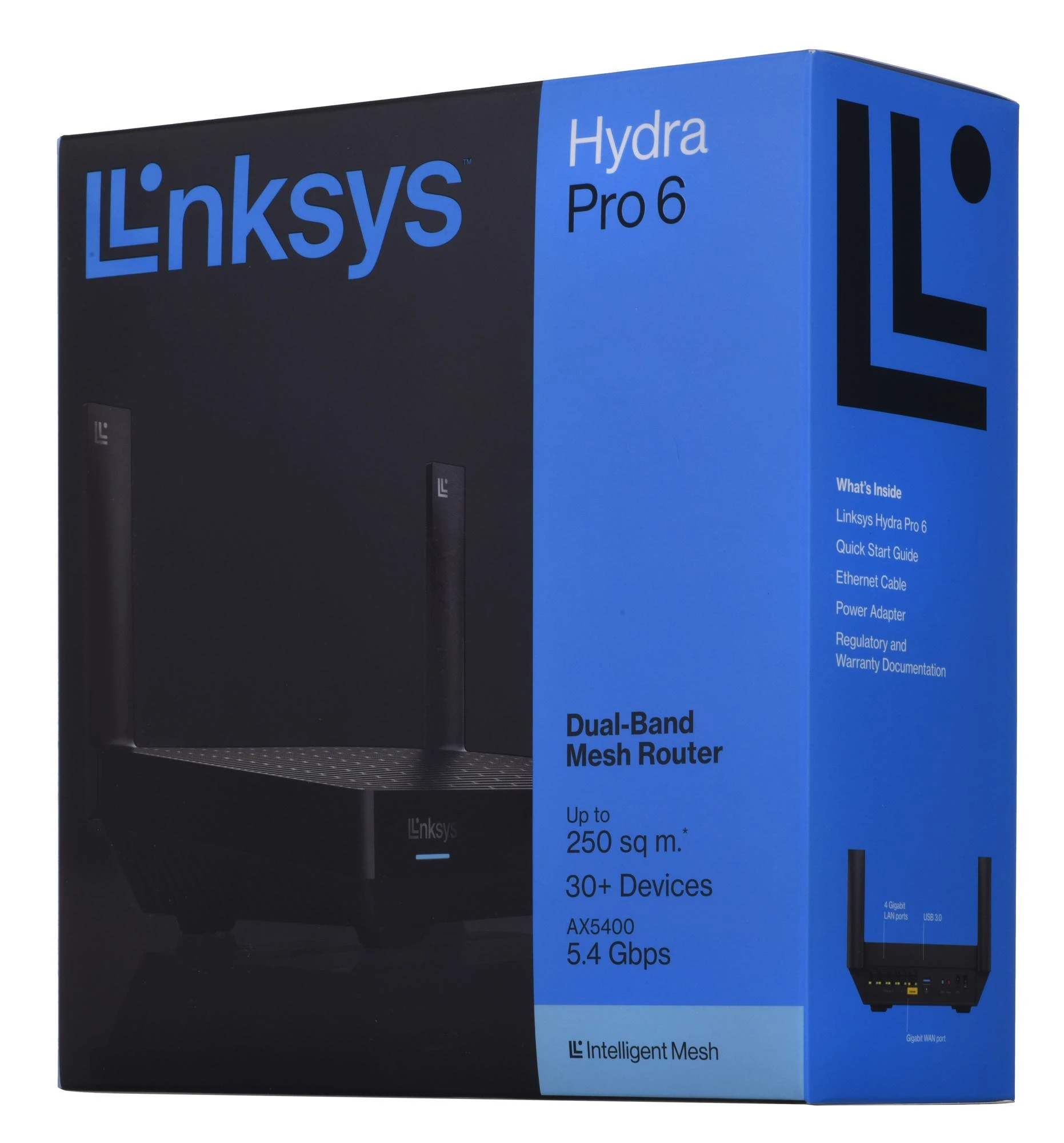 Linksys Dual-Band AX5400 Mesh WiFi 6 Maršrutizatorius MR5500-KE Hydra Pro 6 802.11ax, 574 + 4804 Mbit/s, 10/100/1000 Mbit/s, Ethernet LAN (RJ-45) External jungtys 2x, External jungtys 5x