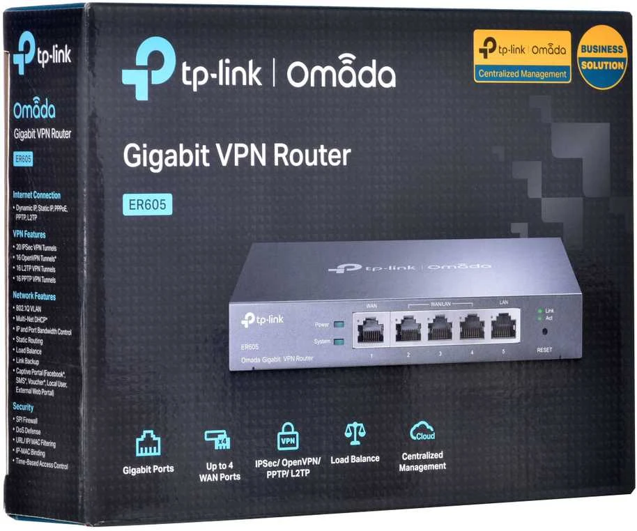 Šakotuvas TP-LINK | „SafeStream Multi-WAN VPN“ maršrutizatorius | TL-ER605 | 802.1q | 10/100/1000 Mbit/s | Ethernet LAN (RJ-45) jungtys 1 fiksuotas gigabito LAN prievadas | Tinklo ryšio palaikymas: Ne | MU-MiMO: Ne | Nėra mobiliojo plačiajuosčio ryšio