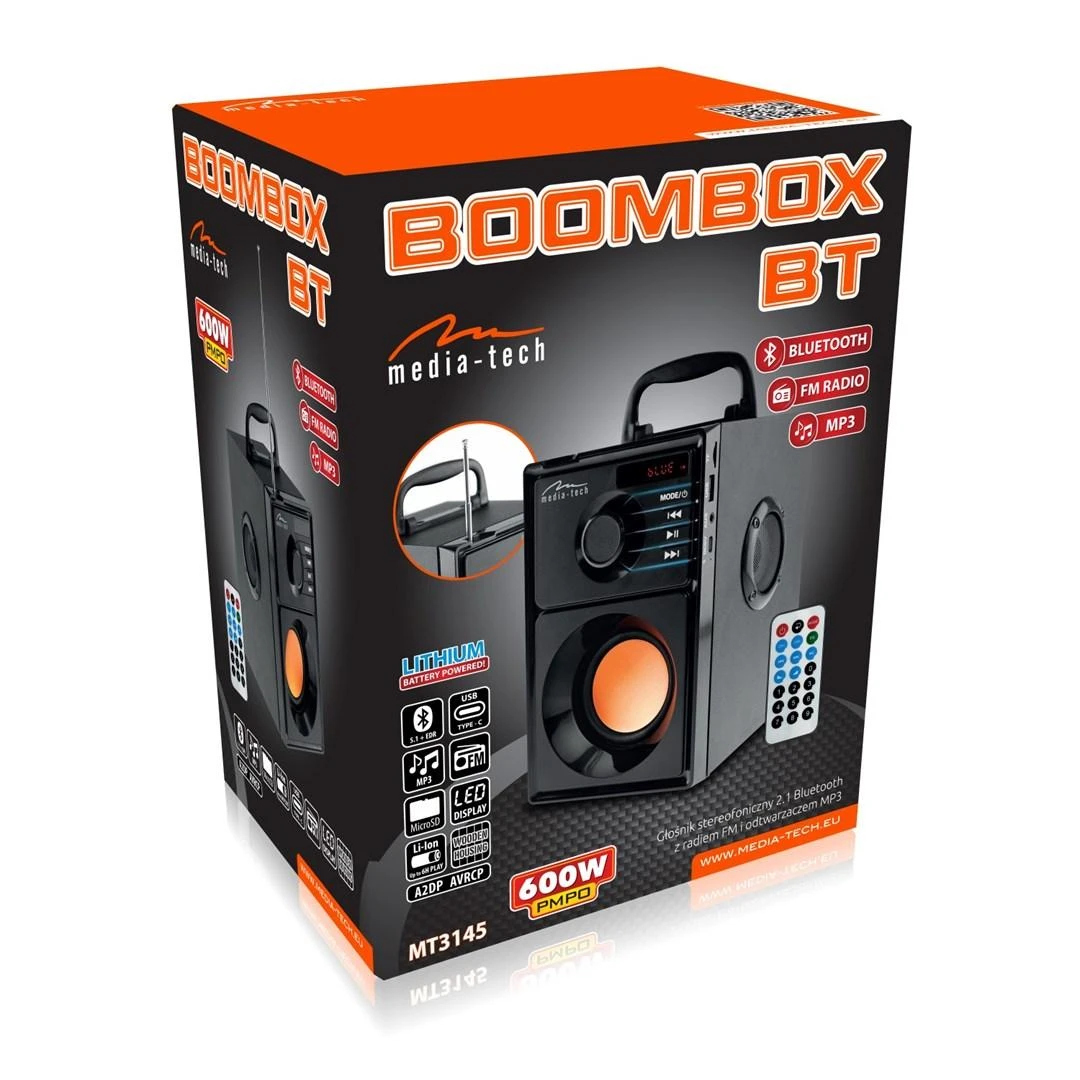 Nešiojama kolonėlė Media-Tech BOOMBOX BT MT3145 V2.0, 15W RMS, Bluetooth, USB, MicroSD, FM Radijas, AUX, su distanciniu pultu